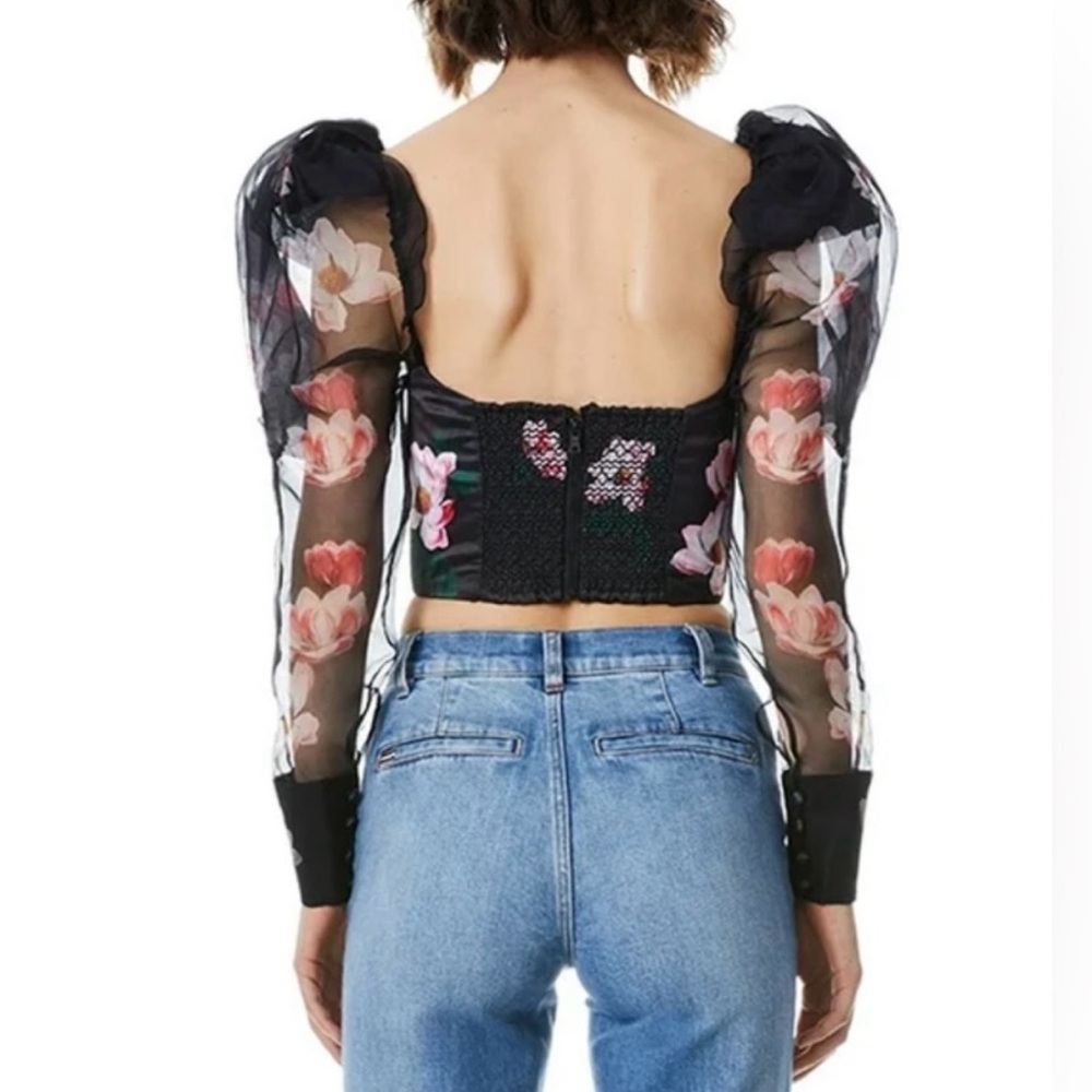 Alice + Olivia Floral Puff Sleeve Sheer Crop Top - Picture 2 of 11